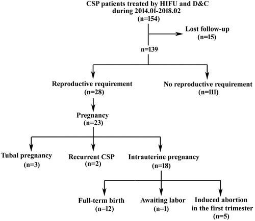 Figure 3. Flow chart of subsequent pregnancy outcomes of CSP patients treated with USgHIFU and USg-D&C.