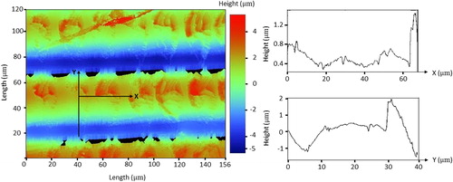 Figure 5. Surface roughness image (left) and measurements by optical profilometer (right). The surface pattern indicates the layer-by-layer fabrication by SLA.