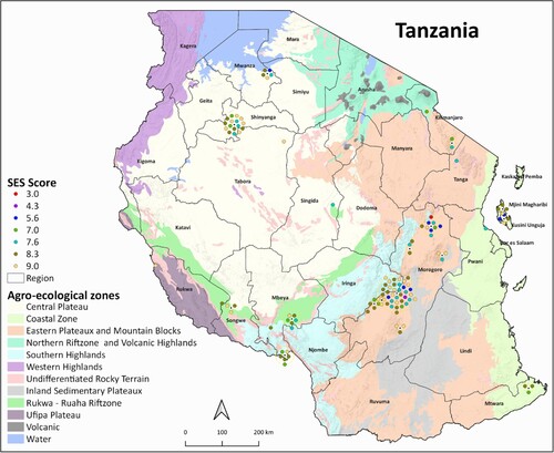 Figure 6. The spatial distribution of the screened rice genotypes indicating the lowest to highest Standard evaluation system (SES) scores from rice-growing areas of Tanzania screened for 21 days at 12 dS m−1 salt concentration. The red, purple, and blue colored dots highlight the genotypes with low visual scores indicating tolerance while green, gray and yellow highlight genotypes with high visual scores indicating susceptibility (1: highly tolerant, 3–4.3: tolerant, 5–5.7: moderate tolerant, 6–8.3: susceptible, 9: highly susceptible).