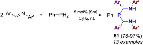 Scheme 36. Samarium-catalyzed diastereoselective addition of PhPH2 to imines.[Citation109] Products, yields, and 31P NMR shifts, are listed in Table S6.