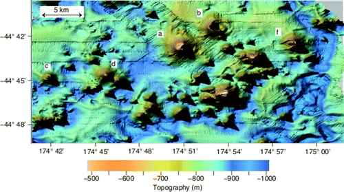 Figure 5  Plan view of volcanic cones located in the northeast of our surveyed area. Note the apparent flank collapse features on at least three of the cones. Volcanic features discussed in the text are labelled with lower case letters.