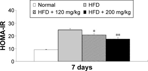 Figure 4 HOMA-IR analysis in HFD-fed diabetic rats after the 7-day experimental period.