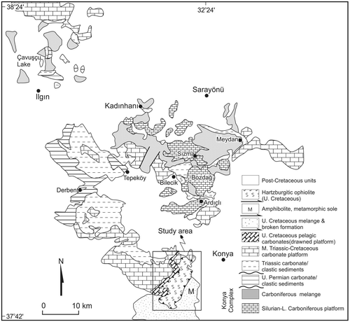 Figure 2. Outline geological map (modified from MTA, Citation2002) showing the Palaeotethyan and Neotethyan units around Konya (taken from Robertson & Ustaömer, Citation2009).