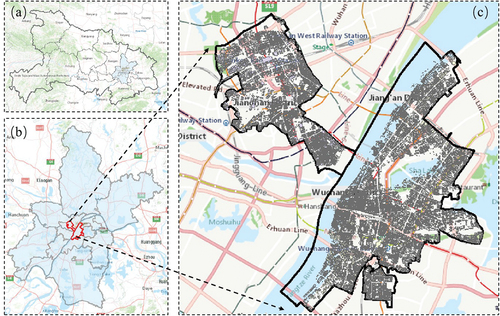 Figure 5. Overview of the study area Jianghan District and Wuchang District in Wuhan. (a) Location of Wuhan in Hubei Province. (b) Location of Jianghan District and Wuchang District in Wuhan. (c) Building units represent the study area.