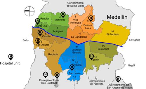 Figure 1 Medellin’s communes and distribution of programs in hospital units.