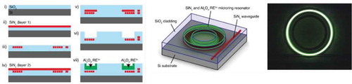 Figure 4. (a) Silicon-compatible microring laser fabrication steps. (b) Illustration of the resulting monolithic rare-earth ion-doped microring laser structure. Figure taken from [Citation12]