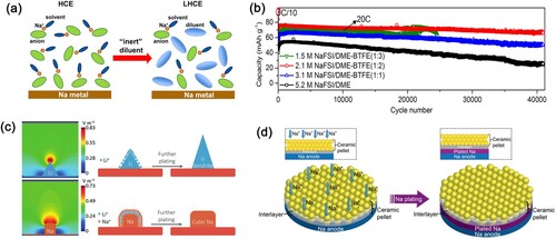 Figure 17. (a) Schematic illustration of dilution from an HCE to an LHCE. (b) Cycling performance of Na||NVP batteries at 20C after three formation cycles at C/10.Copyright 2018, American Chemical Society [Citation151]. (c) Simulated electric-field intensity distribution and schematic illustration of Li/Na plating patterns. Copyright 2018, Wiley-VCH [Citation152]. (d) A good wetting ability artificial interlayer during the plating of Na between the solid-state electrolyte and Na metal anode. Copyright 2017, American Chemical Society [Citation153].