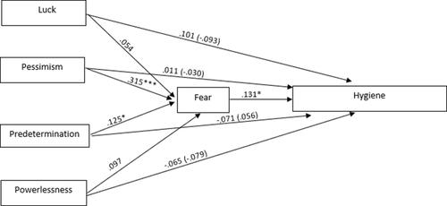 Figure 3 Relationships among fatalism subscales and hygiene through fear.