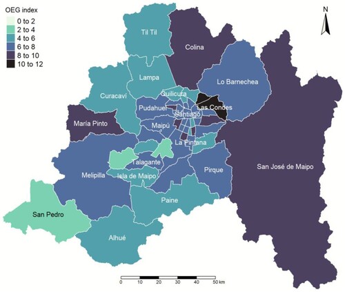 Figure 2. Distribution of the open e-government index in the Santiago Metropolitan Region.Note: Based on data from IDE-Chile and SUBDERE (Citation2018, Citation2020) and CPLT (Citation2022).