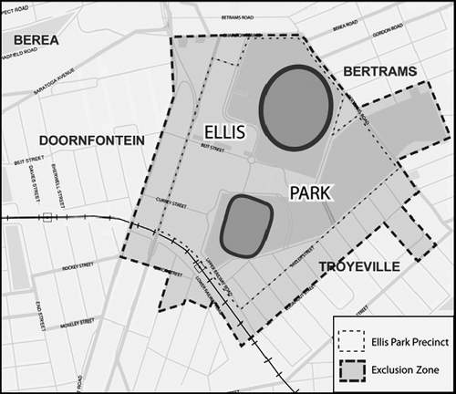 Figure 4 Ellis park precinct and exclusion zone (Wafer Citation2010).