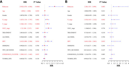 Figure 5 (A) Forest map of univariate survival analysis; (B) Forest map of multivariate survival analysis, where orange-red represents significant relation to OS.