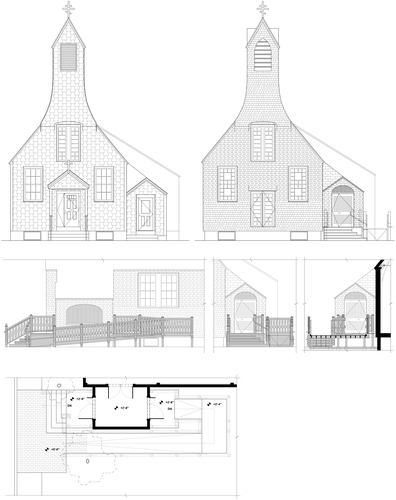 Figure 8. Architectural preservation drawings of St. Augustine’s: (top) the front facade of the church, both as it existed before renovation and as it will exist post-renovation; (middle) three elevation views of the architectural detailing of the renovated side entry vestibule, with new ramp, stairs, windows, doors, and siding; (bottom) a detailed plan view corresponding to the elevations. The design of the architectural elements shown in these drawings is based on the 1888 newspaper engraving of the church (see Figure 2), although details are lacking in this historic depiction and much is left to the contemporary imagination. Drawings courtesy of Gabriel Cira.