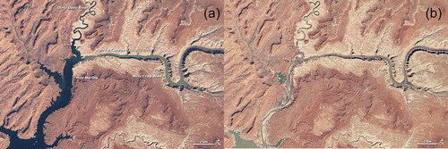 Figure 3. MODIS satellite images of Lake Powell, Colorado, USA, behind the Glen Canyon Dam, show severe declines in water level between (a) 1999 and (b) 2015 due to prolonged drought and high water withdrawals. Image credit: NASA.