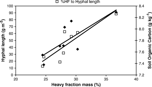 Figure 4.  Linear regression of heavy fraction organic matter, expressed as a % of total dry soil mass on hyphal length (g m−2) (?) y = 6.0583x - 128.42, r 2=0.7851, p=0.89 and soil organic carbon (g kg−1) (?) y = 0.0648x + 5.9518, r 2=0.6301, p=0.79 in all plots with corn stalk residue (with and without oat plants) at harvest (n=8).
