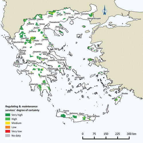 Figure 7. Thematic representation of the ‘degree of certainty’ of regulating and maintenance services at 91 mountainous sites (SACs) in Greece.