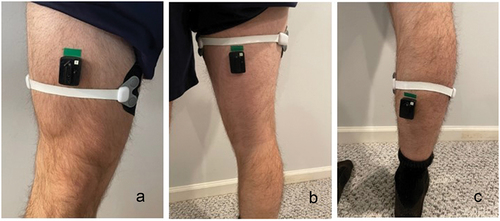 Figure 2. EMG and sMMG sensor applications for the quadriceps (a), hamstrings (b), and gastrocnemius (c).