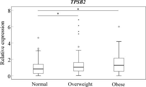Figure 1 Expression of TPSB2 in the synovium of normal, overweight, and obese groups. *P<0.05 compared to the normal groups.