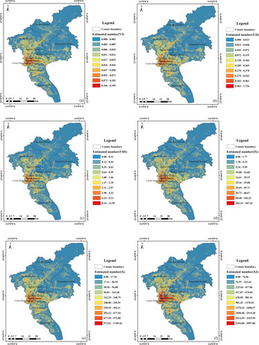 Figure 7. Grid assessment results of earthquake lethal risk in Guangzhou with different intensity (a: the risk result when the study area suffers from an intensity of VI; b: the risk result when the study area suffers from an intensity of VI; c: the risk result when the study area suffers from an intensity of VI; d: the risk result when the study area suffers from an intensity of VI; e: the risk result when the study area suffers from an intensity of VI; f: the risk result when the study area suffers from an intensity of VI).