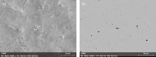 Figure 4. SEM micrographs of anterior region (a) of as received (surface) (×5000 magn.) and bicuspid region (b) of Bio-active™ archwires used for nine weeks (cross-section) (×2000 magn.).