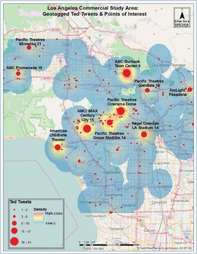 Figure 6. Kernel density map representing the hot spots and the points of interest of Ted tweets in relation to commercial land-use areas in Los Angeles. The red colour indicates the highest density of tweets in the area, while the blue colour indicates the lowest density of tweets. The red circles represent the weighted point data of Ted tweets including the citation of points of interest in the highest weighted areas.