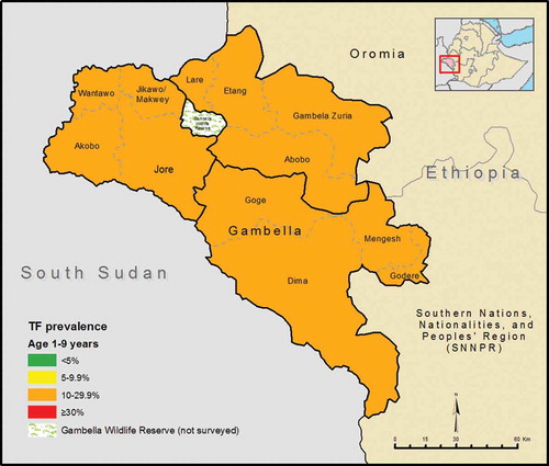 Figure 2. Distribution of trachomatous inflammation – follicular (TF) prevalence in 1–9-year-olds at evaluation unit level, Global Trachoma Mapping Project, Gambella, Ethiopia, 2013–2014.