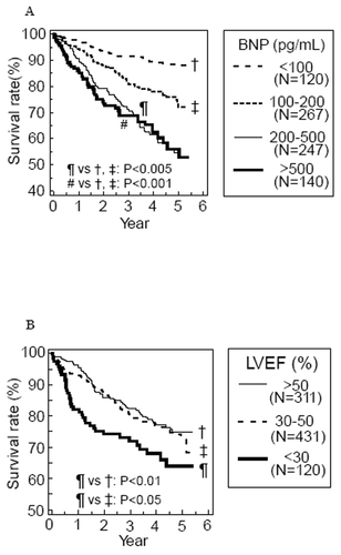 Figure 3 Kaplan-Meier curves of freedom from all-cause death stratified by (A) BNP and (B) LVEF in the CHART-1 study.