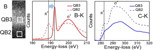 Figure 5. Energy loss near edge structure (ELNES) of B–K edge (Figure 5(a)) and C–K edge (Figure 5(b)) for QB2 and QB3 phases.