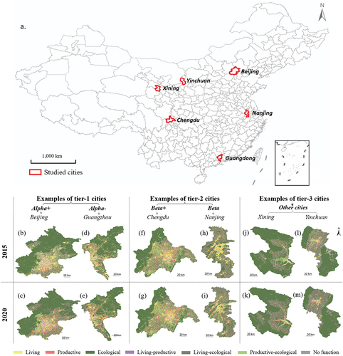 Figure 7. Mapping results of land functional zones in six example cities. The six cities are scattered across China and belong to different tiers and classes according to GaWC 2020.