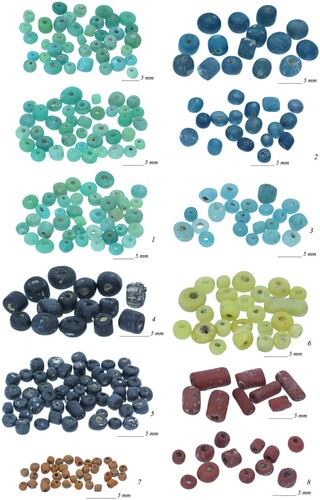 Figure 3. Examples of monochrome drawn and rounded glass beads found at Maryam Anza: 1–6, 8: beads 25.5; 25.4, 25.5, 25.1b, 25.1, 25.2, 25.3 (all Grave 5/6); 7: beads 220.15 (Grave 14). (photographs by J. Then-Obłuska).