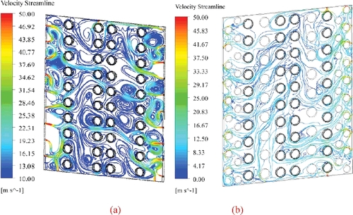 Figure 8. Helium streamline of the second coolant manifold: (a) primary result; (b) optimization result.