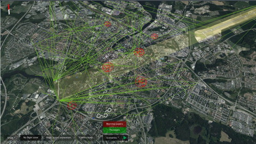 Figure 6. Airport geofence. Geofenced area in light transparent colour. Background generated from GSD-Ortofoto25 and GSD-Höjddata, grid 2+ © Lantmäteriet.