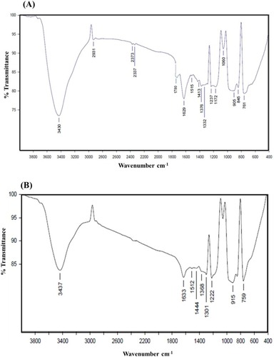 Figure 3 FT-IR spectra of (A) GO and (B) rGO. To further confirm the conversion of GO to rGO we perform FT-IR analysis.