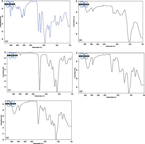 Figure 5. FT-IR (a) CIP, (b) CS, (c) PLGA, (d) F2, and (e) F3.