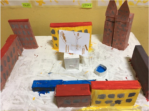 Figure 5. A model (maket) of Ban Jelačić Square, constructed by my son's Kindergarten class for the celebration of the City of Zagreb Day on 31 May 2019. A miniature version of the monument is visible in the middle of the square (photograph by author).