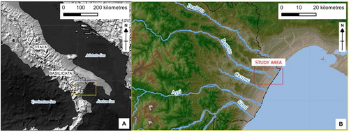 Figure 1. (A) Location of study area, within an overview map of Italy, annotated upon a 40 m Digital Terrain Model (DTM) hillshade (available as WMS Display Services from http://www.pcn.minambiente.it); the yellow rectangle delimits the detail map area. (B) Detail map, annotated upon a false-color hillshade of a Shuttle Radar Topography Mission (SRTM), 90 m DEM (available from CGIAR Consortium for Spatial Information – CGIAR-CSI); the red rectangle delimits the study area.