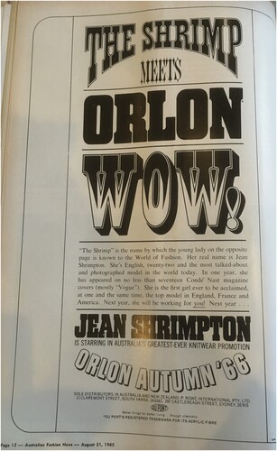 Figure 5. ‘The Shrimp meets Orlon’. Published in Australian Fashion News, 31 August 1965. State Library of Victoria.