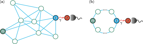 Figure 10. A schematic representation of considered in Refs. [Citation39,Citation40] random walks on (a) connected random graph, (b) cycle graph. The labels (), and () specify initial and target vertices, respectively; is a sink vertex which is require to localize and detect quantum particle. The is coupling parameter between target and sink vertices, respectively.
