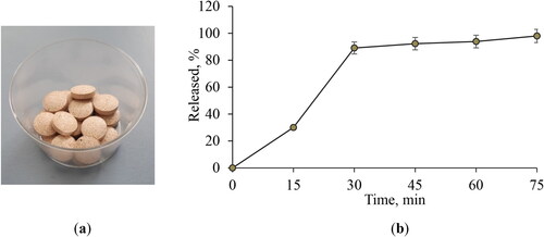 Figure 4. Appearance of the model tablets IV (a) and in vitro release profile of the active compound from the developed tablets (b). Data are mean values ± SD from 3 replicates. Model tablets IV: 150 md DEAG, 43 mg microcrystalline cellulose, 150 mg lactose monohydrate, 5.25 talc and 1.75 magnesium stearate.