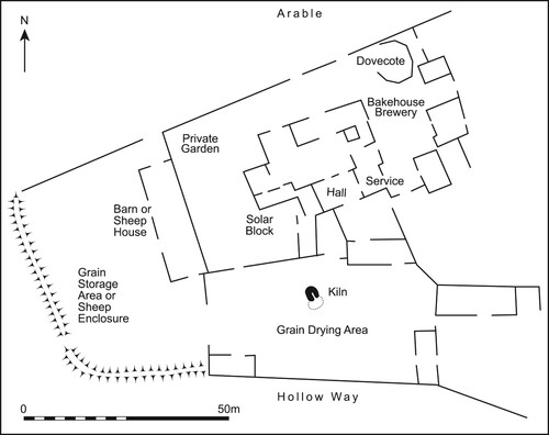 Figure 5. Plan of the north manor at Wharram Percy around the mid thirteenth to mid fourteenth century, showing the location of the postulated grain processing area. Source: Redrawn by Kirsty Harding after Philip Rahtz and Lorna Watts, Wharram. A Study of Settlement on the Yorkshire Wolds, IX. The North Manor Area and North-West Enclosure. York University Archaeological Publications 11 (York: University of York, 2004), 32–3.