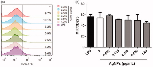 Figure 8. Co-inhibitory CD273 molecule expression on MHC11+CD11c+ BMDC after 12-h exposure to AgNP. (a) Percentage CD273+ cells. (b) MIF for CD273 expression. LPS-treated cells = positive control. Values shown are means ± SD (n = 3/treatment).