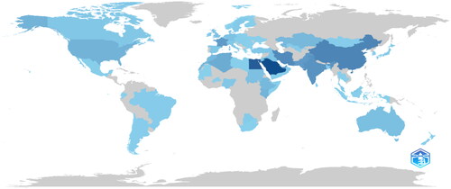 Figure 2. Country-specific production in CMUR. The density of the blue color indicates high production of CMUR-related publications. Countries with a dark blue color were the most productive. Countries outside the blue category did not make any contributions to the research in this particular area. This figure was generated using Bibliometrix and BibTex data files.