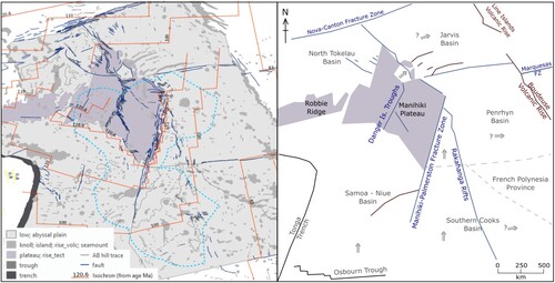 Figure 2. Large scale geomorphological units and tectonic setting. Isochrons after (CitationMüller et al., 2016).