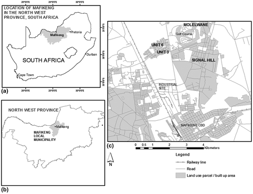 Figure 1. Location of Mafikeng in South Africa (a), in Mafikeng Local Municipality (b) and (c) location setting of suburbs utilised in the study.