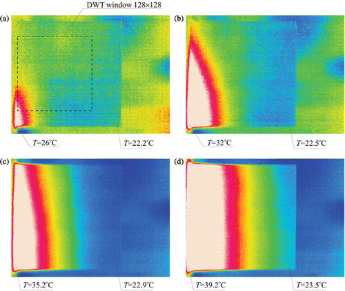 Figure 27. The recorded thermograms: (a) t = 3 s, (b) t = 10 s, (c) t = 22 s, (d) t = 32 s.