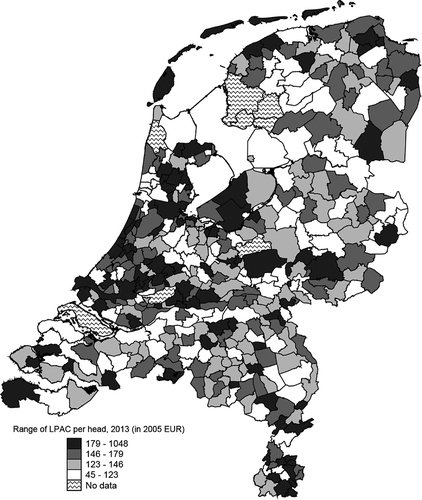 Figure 2. Spatial distribution of the costs of local public administration per inhabitant (for 2013 in 2005 prices).