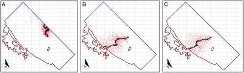 Figure 8. Maps of modelled (GNOME) oil plumes on 11 October at 2120 h NZST, 6 days after the initial oil leak began, for A, recorded wind conditions; B, shortest time elapsed for first beaching of oil, and; C, largest quantity of beached oil after 20 days. Black dots represent the best guess location of oil particles, while red dots represent the minimum regret positions of oil particles.