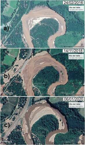 Figura 9. (a) Erosión de márgenes antes de construir la protección (24/02/2016); (b) condición del río con obra recién construida (14/11/2018) y (c) condición posterior a la crecida registrada en enero-febrero del 2019 (06/01/2020)