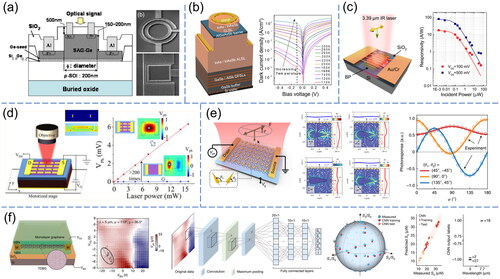Figure 3. Free-space photodetectors using nanophotonic technologies. (a) NIR photodetector based on Ge epitaxy on Si substrate using SiGe buffer layer before two-step growth. Reproduced with permission from Ref.[Citation76]; (b) MIR photodetector based on direct epitaxial growth of III-V compounds on Si substrate with lattice mismatch compensation by IMF array, buffer layer, and DFSLs. Reproduced with permission from Ref.[Citation88]; (c) BP MIR photodetector. Reproduced with permission from Ref.[Citation27]; (d) nanoantenna-enhanced graphene MIR photodetector. Reproduced with permission from Ref.[Citation109]; (e) metasurface-mediated graphene MIR polarization detector with configurable polarity transition and covering all possible numbers of polarization ratio. Reproduced with permission from Ref.[Citation111]; (f) TDBG MIR photodetector senses full-Stokes polarization, wavelength, and power simultaneously by leveraging tunable BPVE and CNN. Reproduced with permission from Ref.[Citation119]