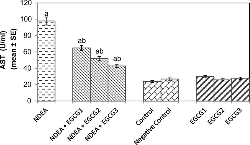 Figure 2. Aspartate aminotransferase (AST) activity measured after 21 days of treatment of N-nitrosodiethylamine separately and along with different doses of epigallocatechin gallate in rats.