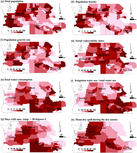 Fig. 5 Water demand vulnerability indicators normalized to range from 0 to 100. The colour legend shows the same number of counties in each quintile (20%) for each indicator.